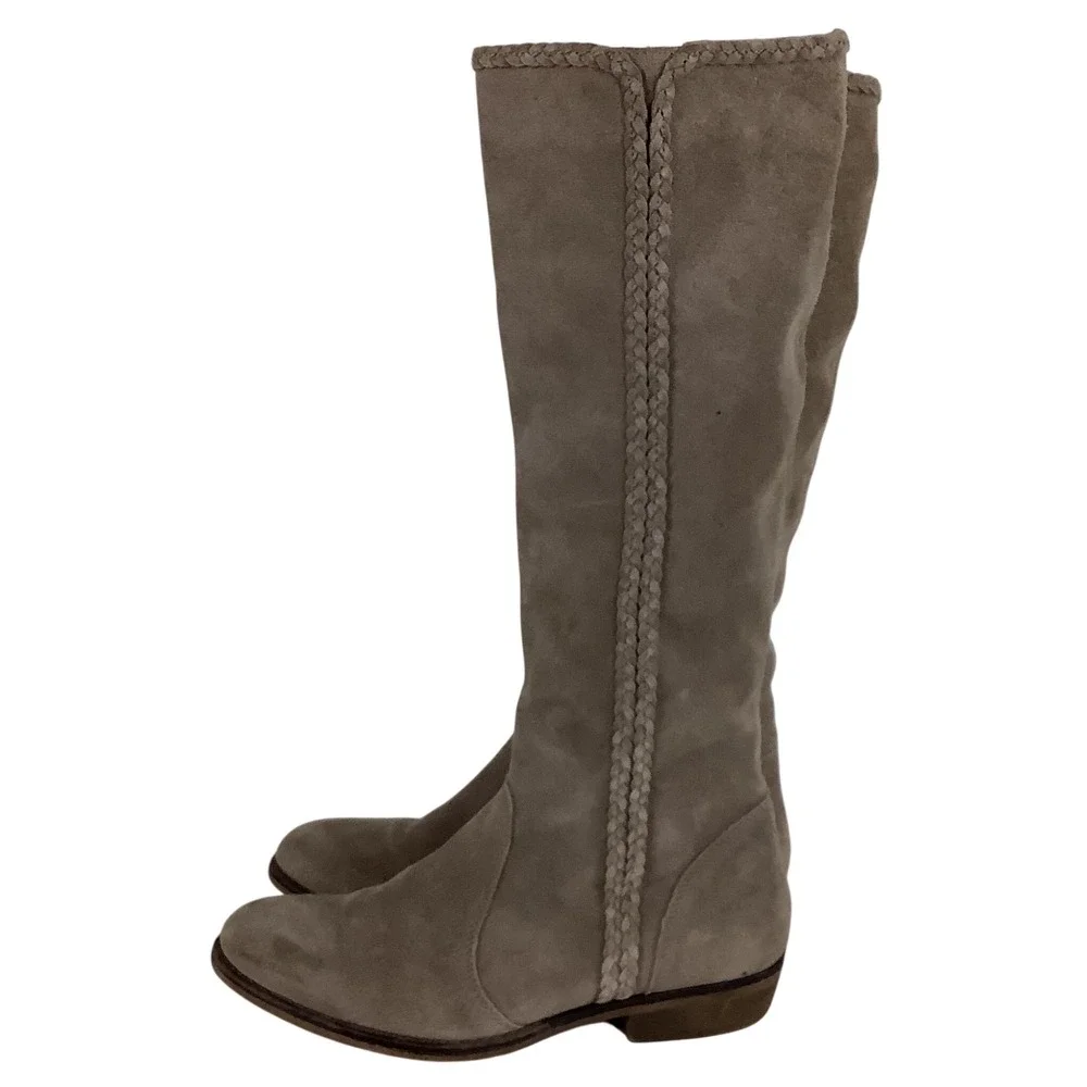 Glenda Taupe Suede Tall Braided Whipstitch Knee High Boots Size 8 154660